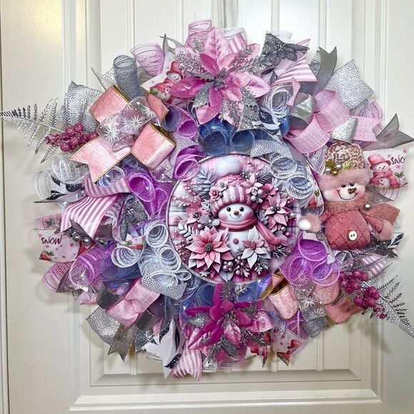 Handmade Pink Winter Snowman Holiday Ribbon Door Wreath 22 ins W80 - Picture 11 of 11